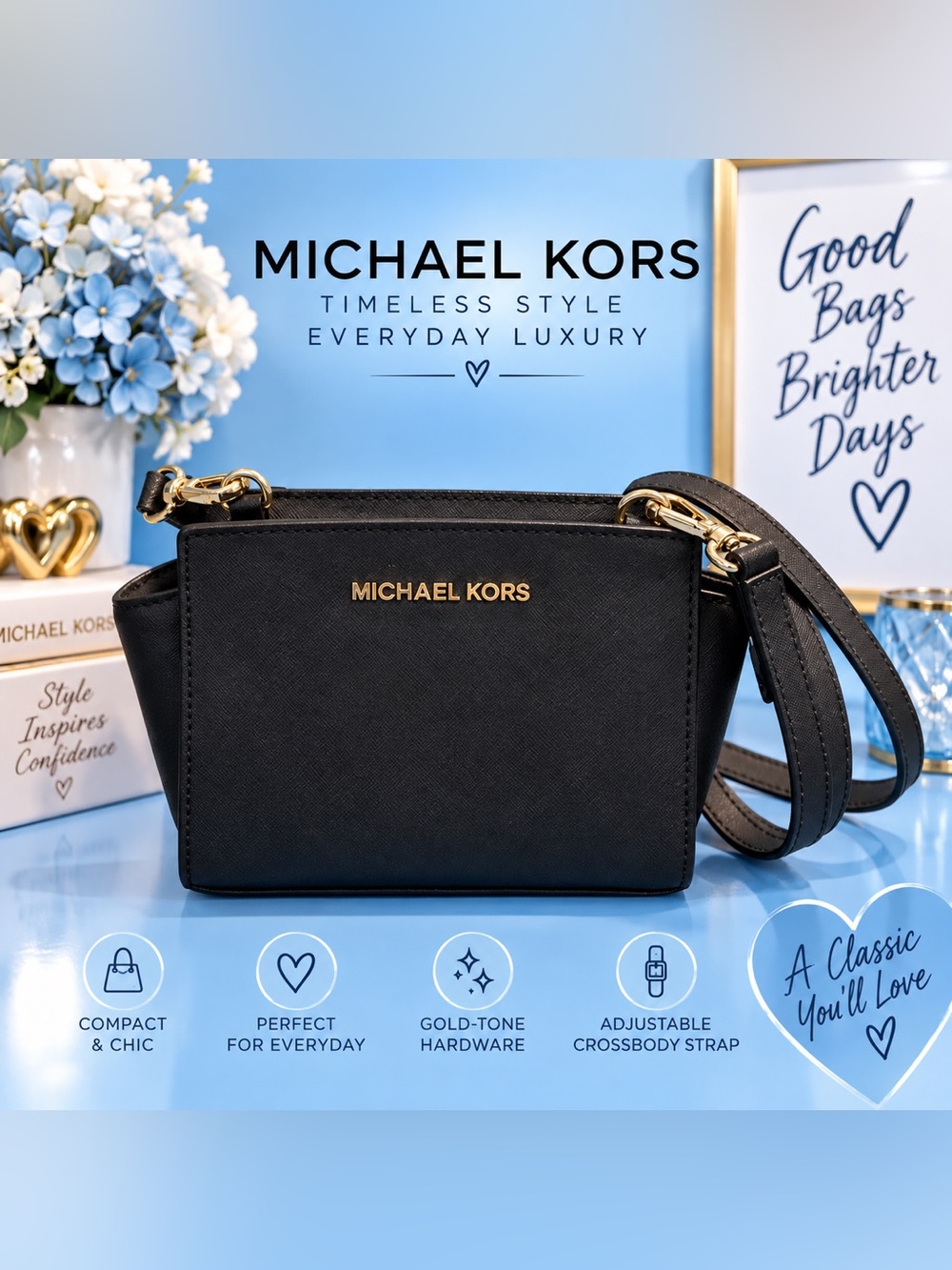 Michael Kors Black Crossbody with Gold Hardware